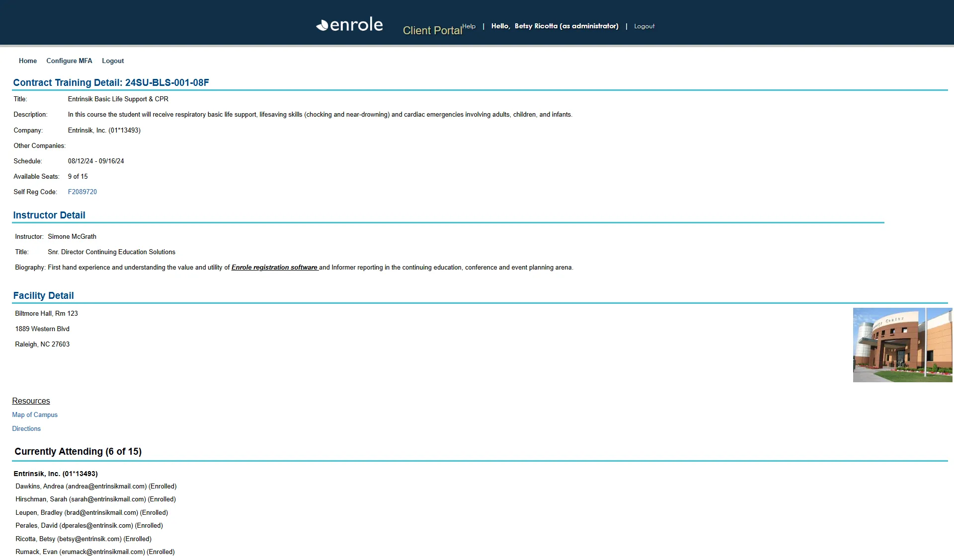 Enrole client portal with contract training detail and attendee roster